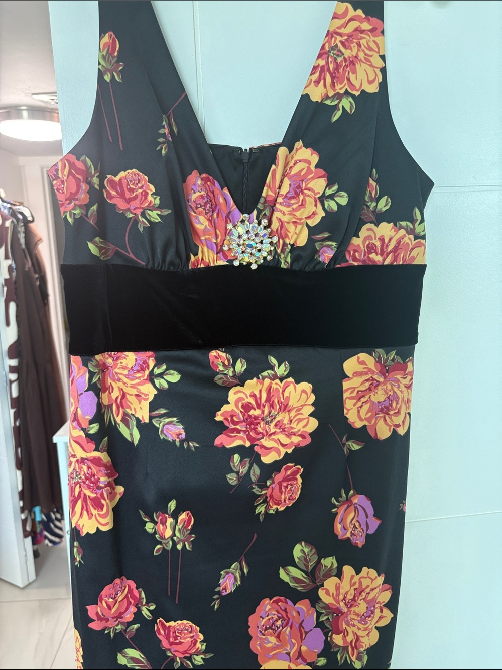 JS Collections Black Floral Midi Dress with Jewel Accent and Velvet Band